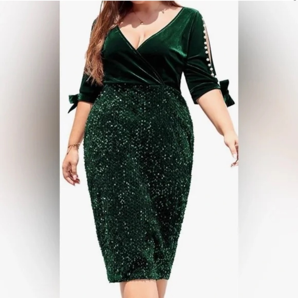 Lalagen Women's Green Velvet Sequin Midi Dress